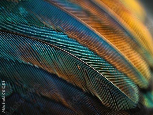 A macro shot of a bird's feather, emphasizing the intricate structure and color gradients,