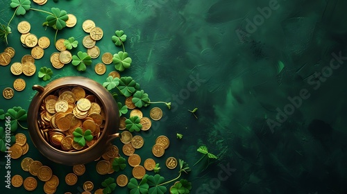 an image featuring a pot brimming with St. Patrick's Day-inspired gold coins and clover leaves, perfectly blending with a rich green background