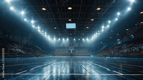 Arena of Dreams - Spotlight on an Empty Basketball Court Inside a Professional Sports Stadium, with Illuminated Fan Seats Awaiting an Exciting Athletic Event © HyunSoo