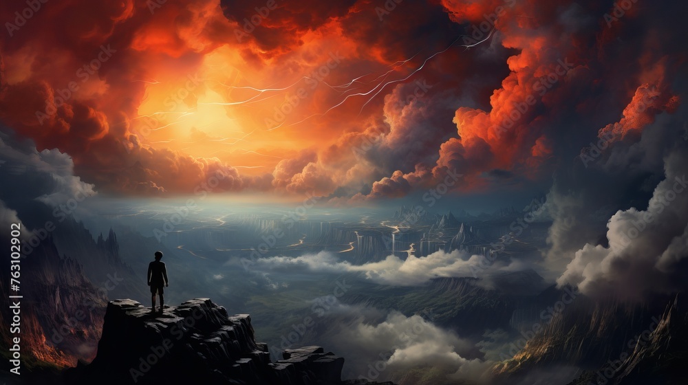 Naklejka premium A survivor standing at the top of the mountain looking at the huge burning clouds