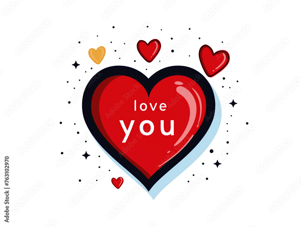 Love you lettering on red heart with black outline. Valentine's Day. Greeting card design. Romantic relationship