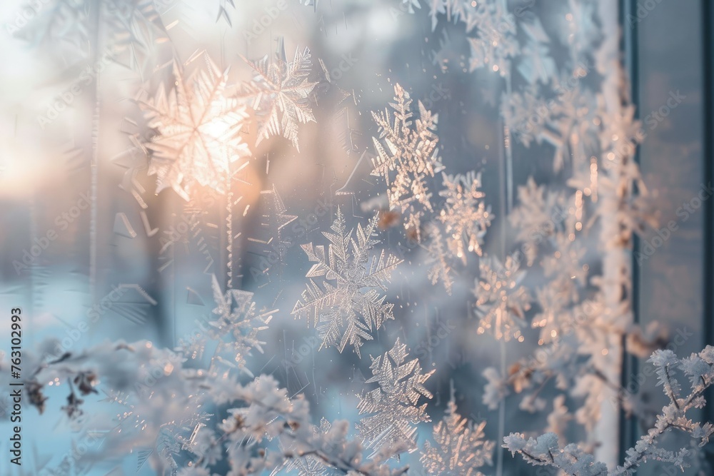 The delicate, lace-like patterns of frost on a windowpane, capturing the beauty of cold weather,