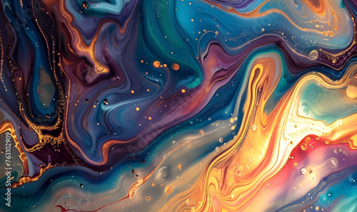 Mesmerizing abstract fluid art composition with swirling colors and golden accents, Generative AI 