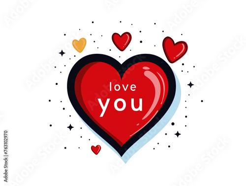 Love you lettering on red heart with black outline. Valentine s Day. Greeting card design. Romantic relationship