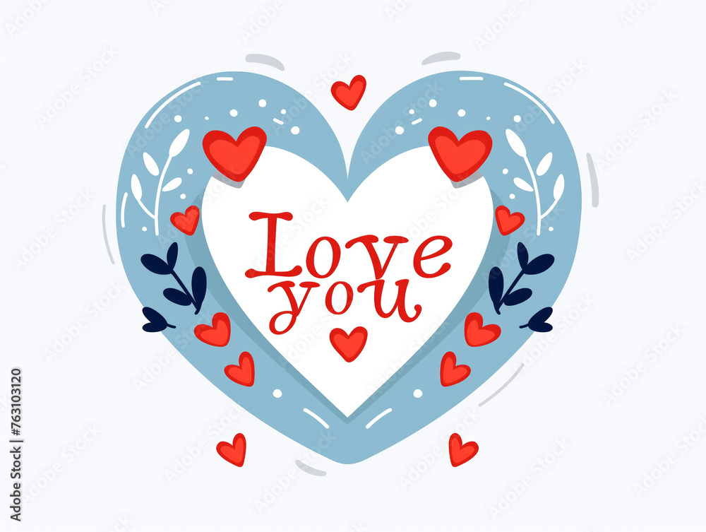 Happy Valentine's Day greeting card. Love you text. Heart with floral elements, white background