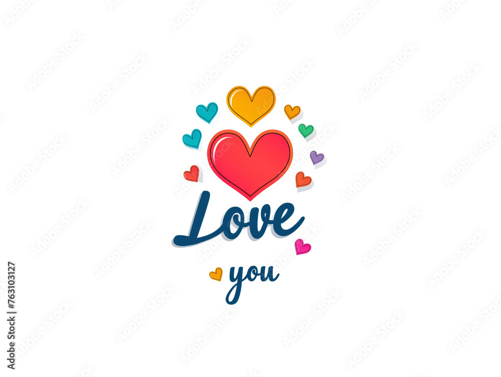 Love you lettering colorful hearts, white background. Greeting card design. Valentine's Day
