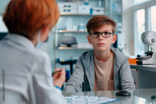 Concentrated boy in glasses at the doctors'. Concept of healthcare and pediatric medical services photo