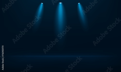 Dark Blue studio room background. Empty Black studio room background. Empty room with spotlight effect. Template mock up for display of product, Business backdrop. Vector illustration.