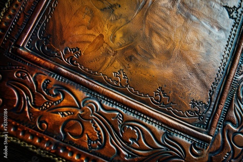 The rich, intricate texture of an old leather book cover, evoking a sense of history and craftsmanship,