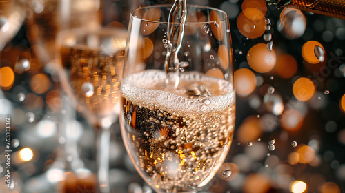 Wallpaper Mural Champagne being poured into a glass with bubbles, with more glasses and festive bokeh lights in the background. Torontodigital.ca