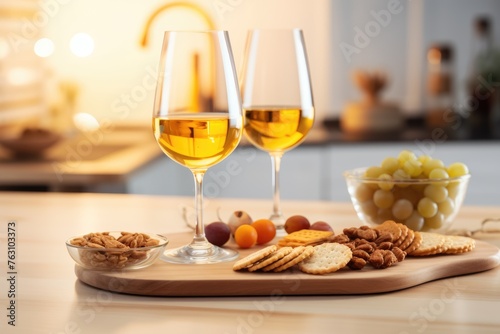 A warm, inviting wine tasting arrangement with two glasses of wine, grapes, walnuts, and crackers on a kitchen counter with soft lighting. Cozy Wine Tasting Session with Light Snacks
