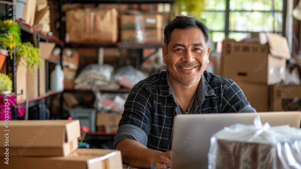 Small business owner is working on a laptop in the warehouse Small business owner is working on a laptop in the warehouse