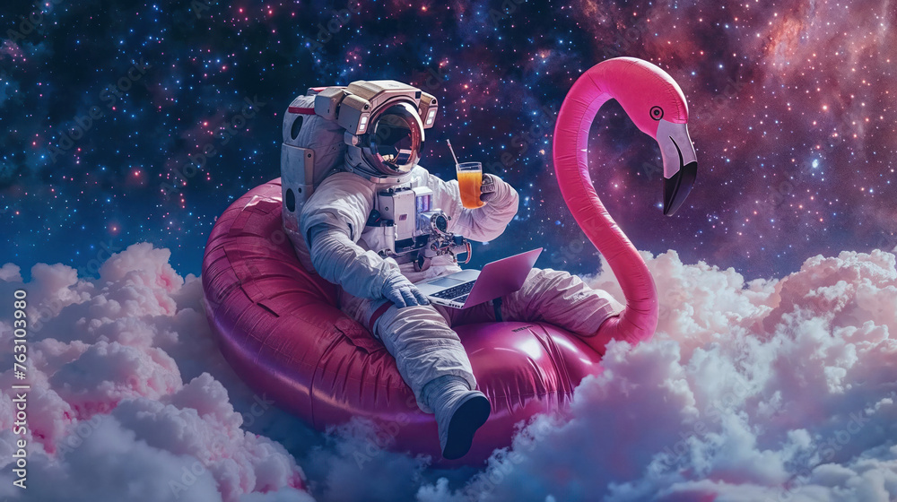 Fototapeta premium Astronaut reclines on a giant pink flamingo float holding a laptop and drink amidst the cosmic backdrop, merging work and futuristic play