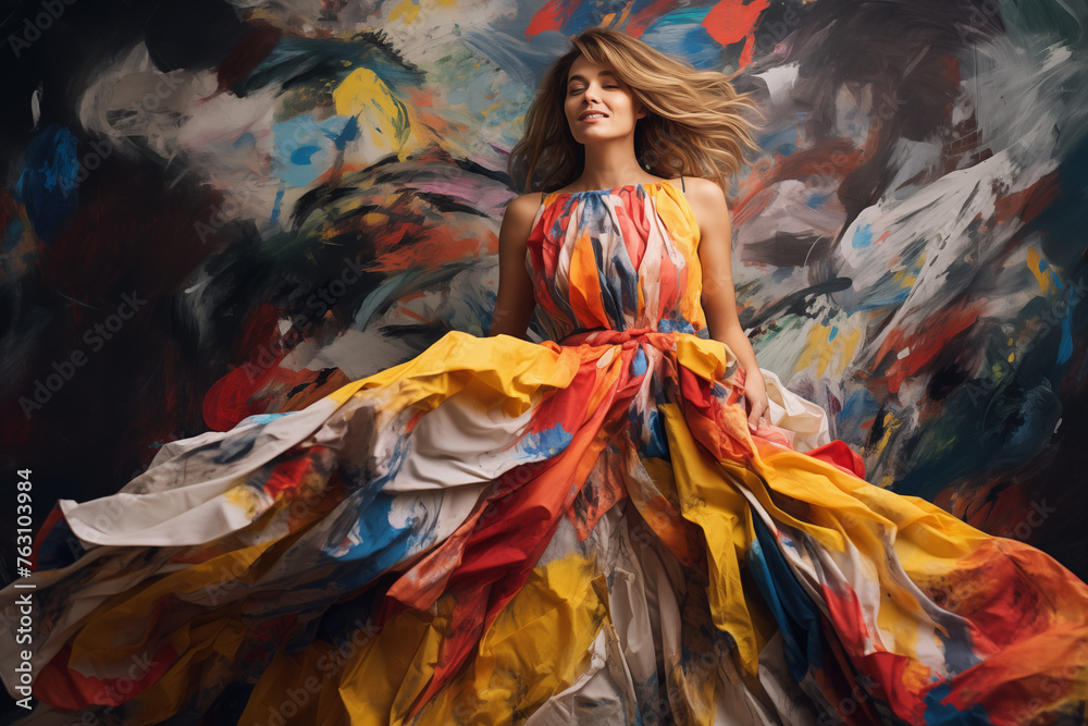 The model is elegantly posing in a colorful dress made of repurposed fabrics