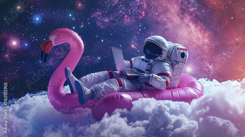 A cosmonaut unwinds on an inflatable flamingo amidst starry space clouds, evoking a sense of peace © Fxquadro