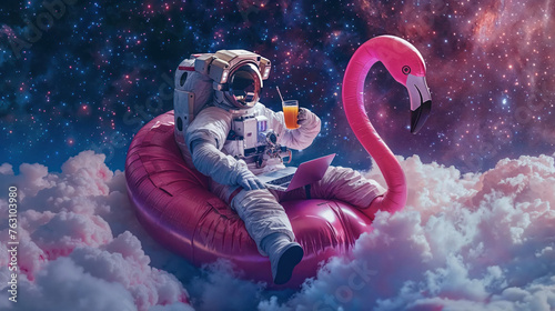 Astronaut reclines on a giant pink flamingo float holding a laptop and drink amidst the cosmic backdrop, merging work and futuristic play