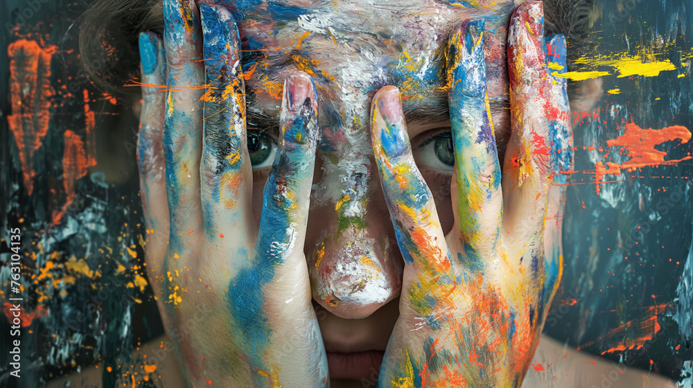 Obraz premium Person's face hidden behind colorful hands.