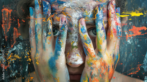 Person's face hidden behind colorful hands.