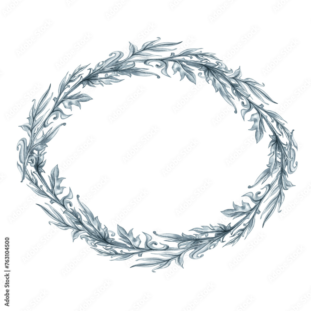 Watercolor monochrome gray frame of abstract plant patterns and branches with leaves for borders, frames, background, textiles, fabrics, cards, stickers, scrapbooking, invitations, greetings