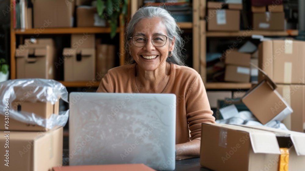 Small business owner is working on a laptop in the warehouse Small business owner is working on a laptop in the warehouse