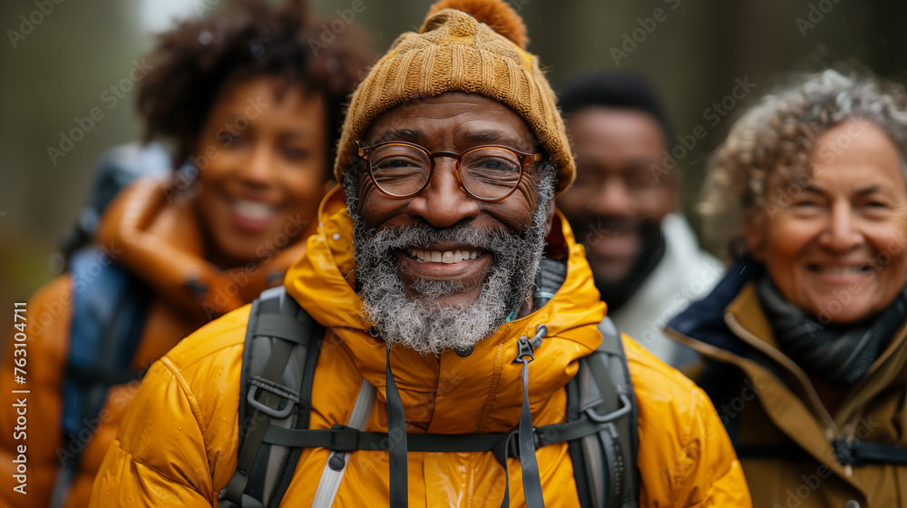 Portrait of smiling senior african american man with backpack looking at camera outdoors