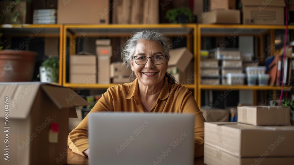 Small business owner is working on a laptop in the warehouse Small business owner is working on a laptop in the warehouse