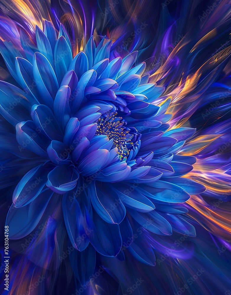 A blue chrysanthemum in the center of an explosion, The background is dark with streaks of purple and yellow, suggesting speed or motion artwork