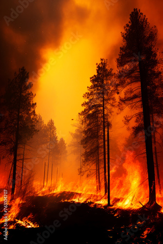 Forest fire disaster, trees burning at night. Wildfire nature destruction