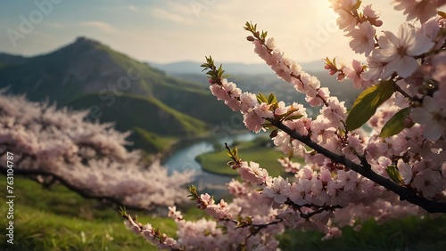 Spring landscape with blooming cherry trees in full bloom #763104787
