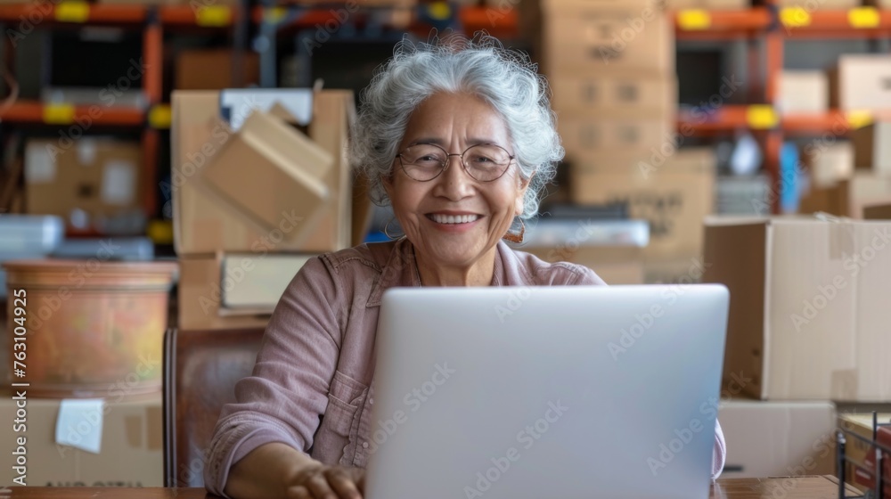 Small business owner is working on a laptop in the warehouse Small business owner is working on a laptop in the warehouse