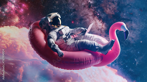 In a surreal depiction, an astronaut sits calmly on an inflatable pink flamingo, laptop in hand, amidst a vivid cosmic background © Fxquadro