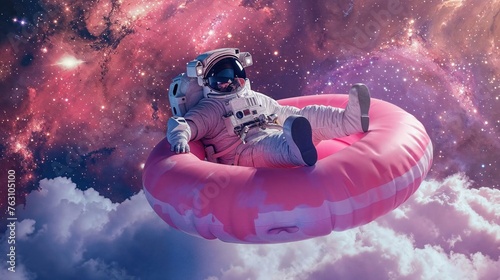An astronaut floats amid cosmic clouds and stars, sitting on a giant pink inflatable ring, exuding a vibe of relaxation in the vastness of space © Fxquadro