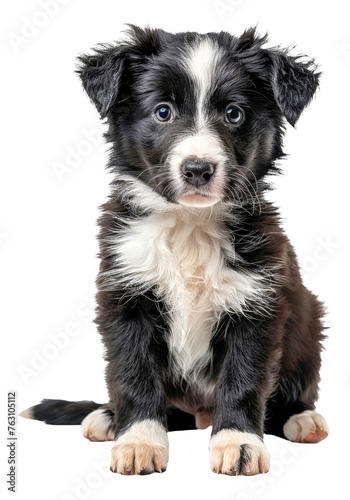 Adorable black and white puppy with bright blue eyes on transparent background - stock png.