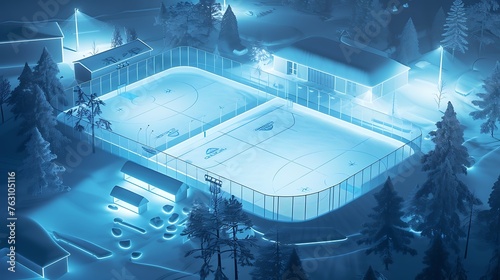 an AI-generated visualization of an unconventional ice rink layout and goal setup, exploring creative possibilities beyond traditional hockey arenas photo