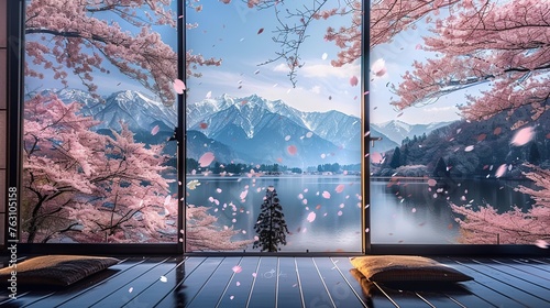 illustraiton of background In a room, floor-to-ceiling big window. Outside the window is a view of the lake and tall mountains, with cherry blossoms falling profusely from the slopes  photo