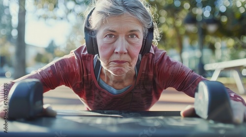 Mature woman wearing headphone doing push up on bench photo