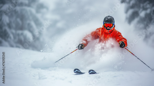Skier carving through powder on a snowy mountain slope.