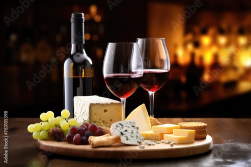 An inviting scene of red wine glasses paired with a selection of gourmet cheeses, grapes, and crackers on a wooden board, set against a warm, blurred cellar background.