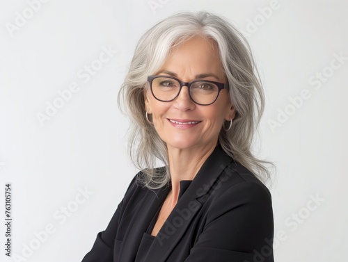 A poised mature woman with grey hair and glasses smiles gently against a white background.