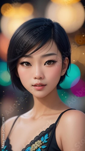 Portrait of a young Asian woman with a short black haircut against a background of blurry lights. Concept: Beauty, fashion, portrait.
