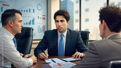 Three men in business suits are discussing at a meeting in the office, against the background of charts and graphs. Concept: Business negotiations, data analysis, corporate meeting.