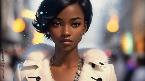 Portrait of a young dark-skinned woman in a white coat with a fur collar against the backdrop of city lights. Concept: Fashion, winter, urban portrait.
