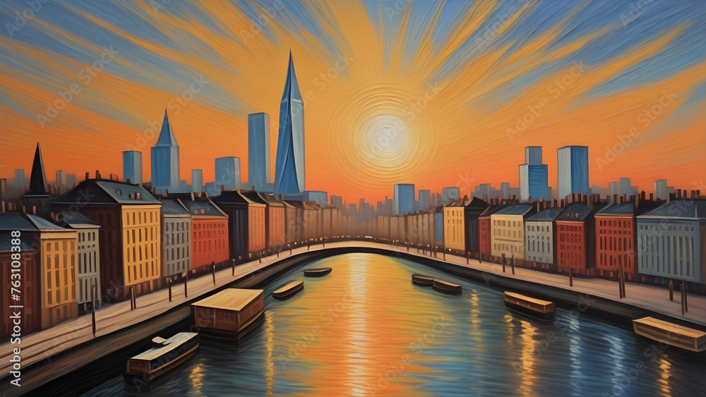 Fototapeta premium Stylized cityscape painting with river, bridges, and a vibrant sunset sky.