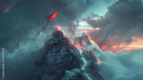Glowing Path to Success Concept Flag on Mountain Peak