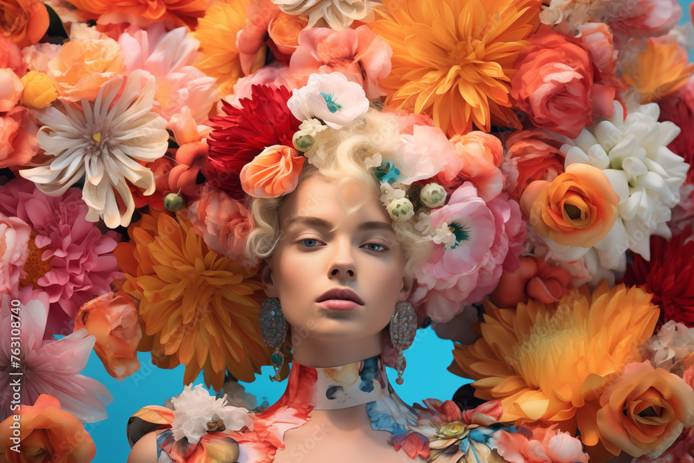 The model is enveloped by a vivid array of blossoms that accentuate her beauty