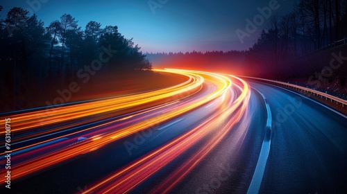 Long exposure of traffic lights on highway at dusk