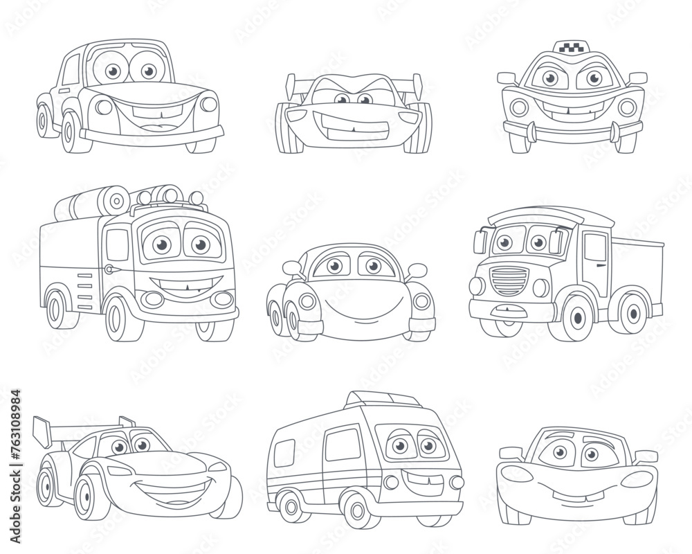 Obraz premium color book cars. black and white outlined flat simple vehicle van golf microcars collection, logo label print patch or sticker. vector items set.