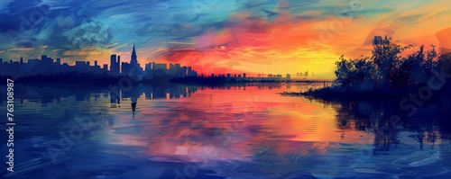 Colorful sunset over city skyline and water reflections