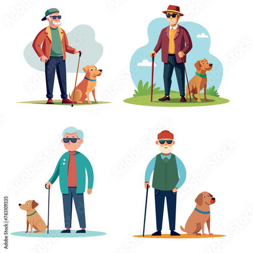 man, old man, blind, glasses, problem, vision, eyes, black, not seeing, person, physical, load, vector, art, illustration, disabled, inclusive, mood, character, cane, dog, stick, guide