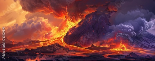 Volcanic eruption with lava flows and ash clouds